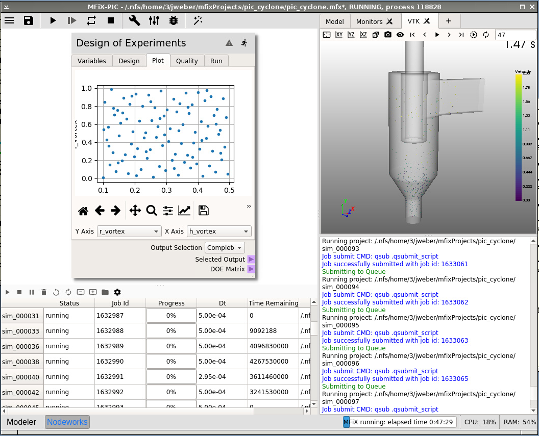 Nodeworks inside of MFiX, being used to create and run 100 cyclone simulations.